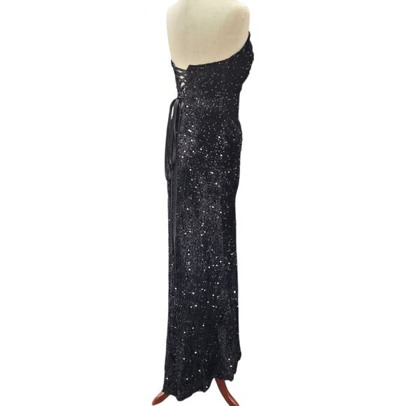 NWT Black Strapless Sequin Evening Gown with Corset Back on Velvet Fabric - Picture 3 of 12